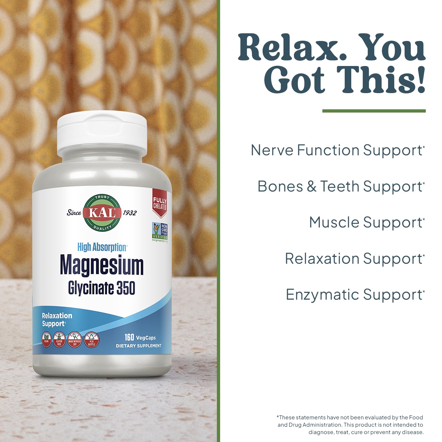 KAL Magnesium Glycinate Capsules, Fully Chelated Magnesium Bisglycinate, High Absorption Magnesium Supplement, Healthy Bones, Muscle, Relaxation and Stress Support, Non-GMO 160 count KAL buy australia supplements