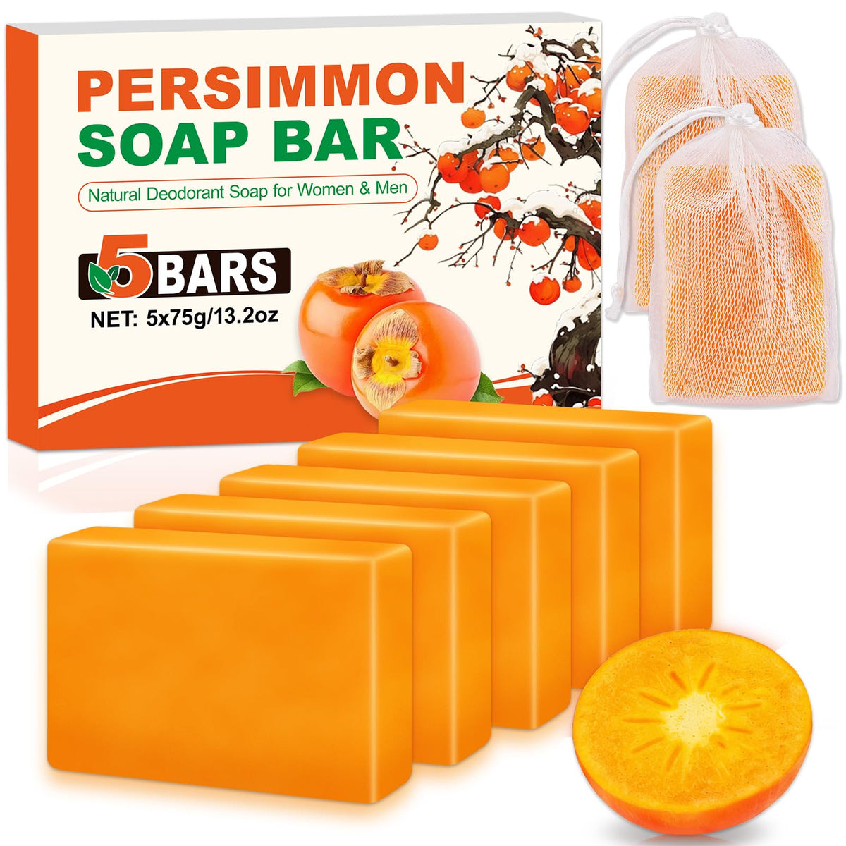 NXPPYY 5 Pcs Persimmon Soap for Old People Smell, Persimmon Soap Bar for Body Odor Control, Natural Organic Deodorant Body Wash Soap for Women & Men NXPPYY