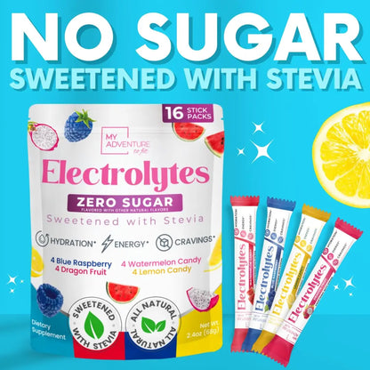 My Adventure to Fit Electrolytes Powder Packets – 16 Sugar-Free Hydration Packets, Potassium Supplement, Watermelon Candy, Blue Raspberry, Lemon Candy, Dragon Fruit My Adventure to Fit