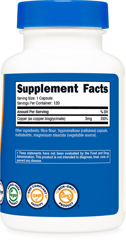 Nutricost Copper Glycinate Capsules (120 Capsules, 3MG Copper per Serving) - Non GMO, Vegan Nutricost
