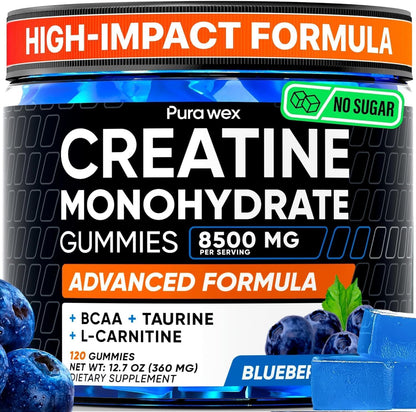 PURA WEX NUTRITION Creatine Monohydrate Gummies 8500mg Complex for Men & Women - Pre Workout Creatine Chews for Muscle Growth, Strength & Energy, PURA WEX NUTRITION