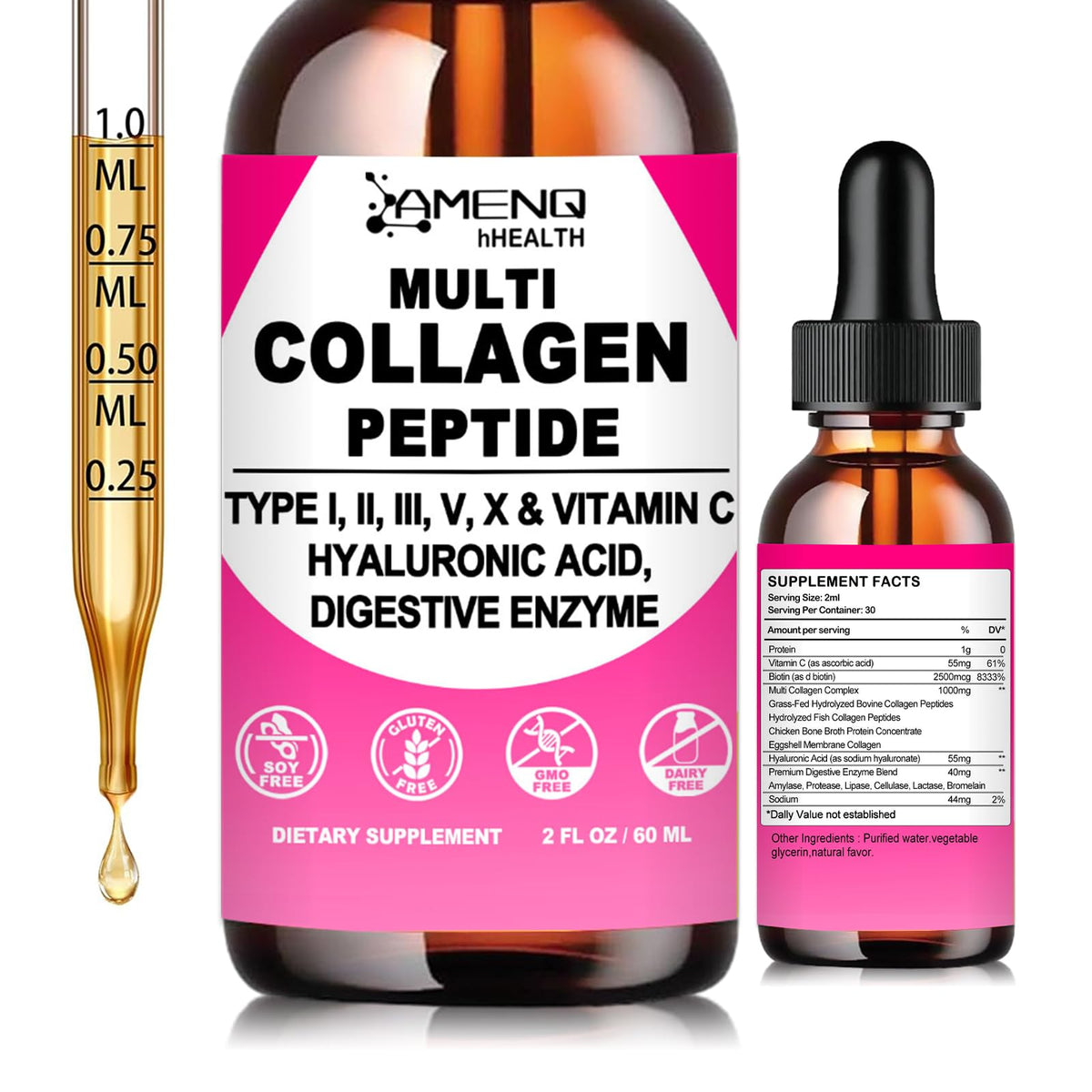 Multi Collagen Peptides Liquid Drops for Women & Men, Hydrolyzed Collagen Peptides Type AMENQ hHEALTH