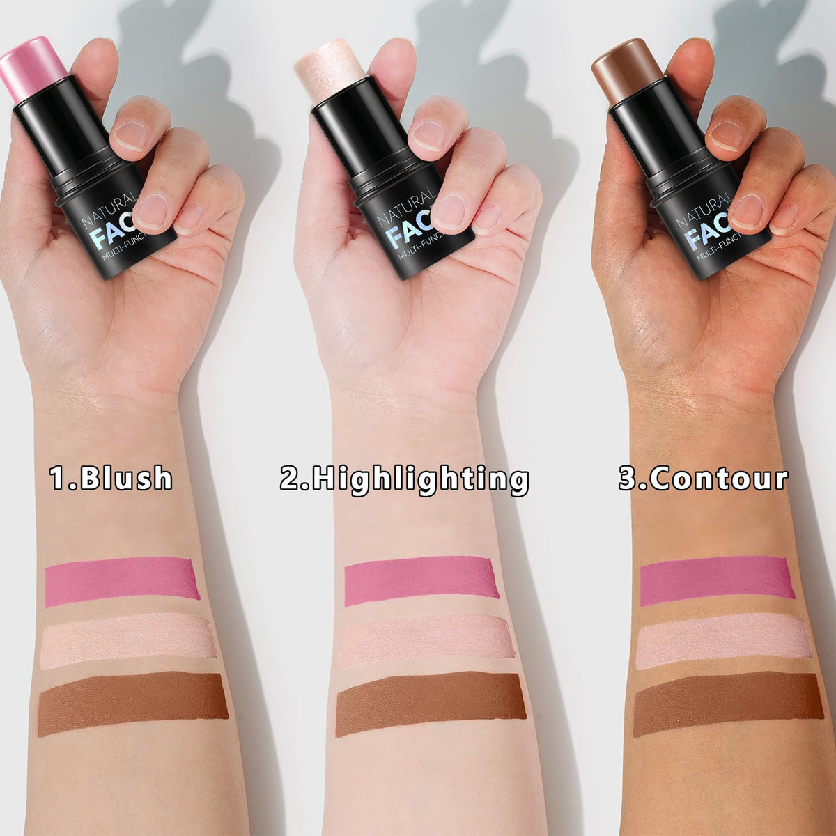 3Pcs Cream Contour Stick Makeup Kit, Shades with Highlighter, Blush and Bronzer Contour Stick for Sculpt the Cheeks, Long Lasting, Waterproof, Matte & Dewy Finish (LIGHT MEDIUM(2+5+6)) LemonSac
