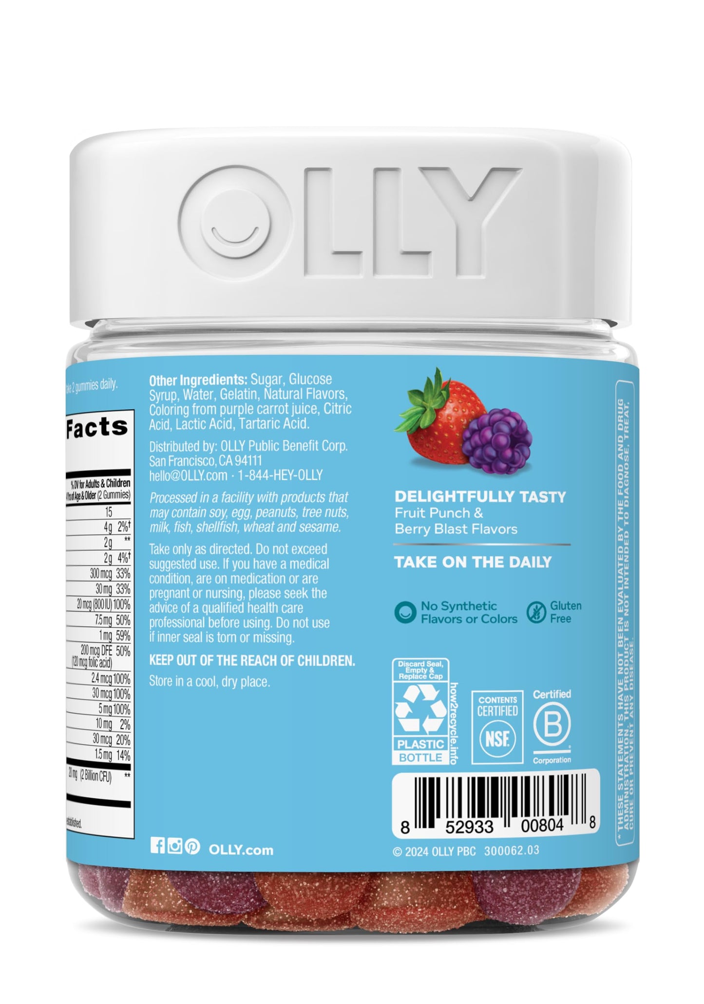 OLLY Kids Multivitamin & Probiotic Gummy, Digestive Support, Vitamins A, D, C, E, B, Zinc, Chewable Supplement, Berry Flavor, 50 day supply - 100 Count OLLY