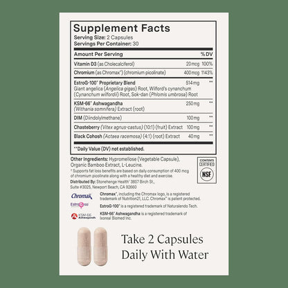 Stonehenge Health for Women Menopause Support for Peri + Menopause + Post - Mood, Energy, Stress, Hot Flashes, Night Sweats, Sleep & Cortisol, Chromax Chromium, Vitamin D3, KSM-66 Ashwagandha