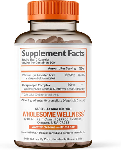 Wholesome Wellness Liposomal Vitamin C Capsules (200 Pills 1500mg Buffered) High Absorption, Immune System & Collagen Booster, High Dose Fat Soluble Immunity Support Ascorbic Acid, Natural Vegan Gsupps Australia