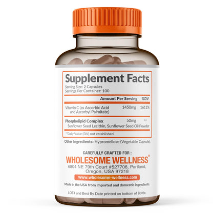 Wholesome Wellness Liposomal Vitamin C Capsules (200 Pills 1500mg Buffered) High Absorption, Immune System & Collagen Booster, High Dose Fat Soluble Immunity Wholesome Wellness