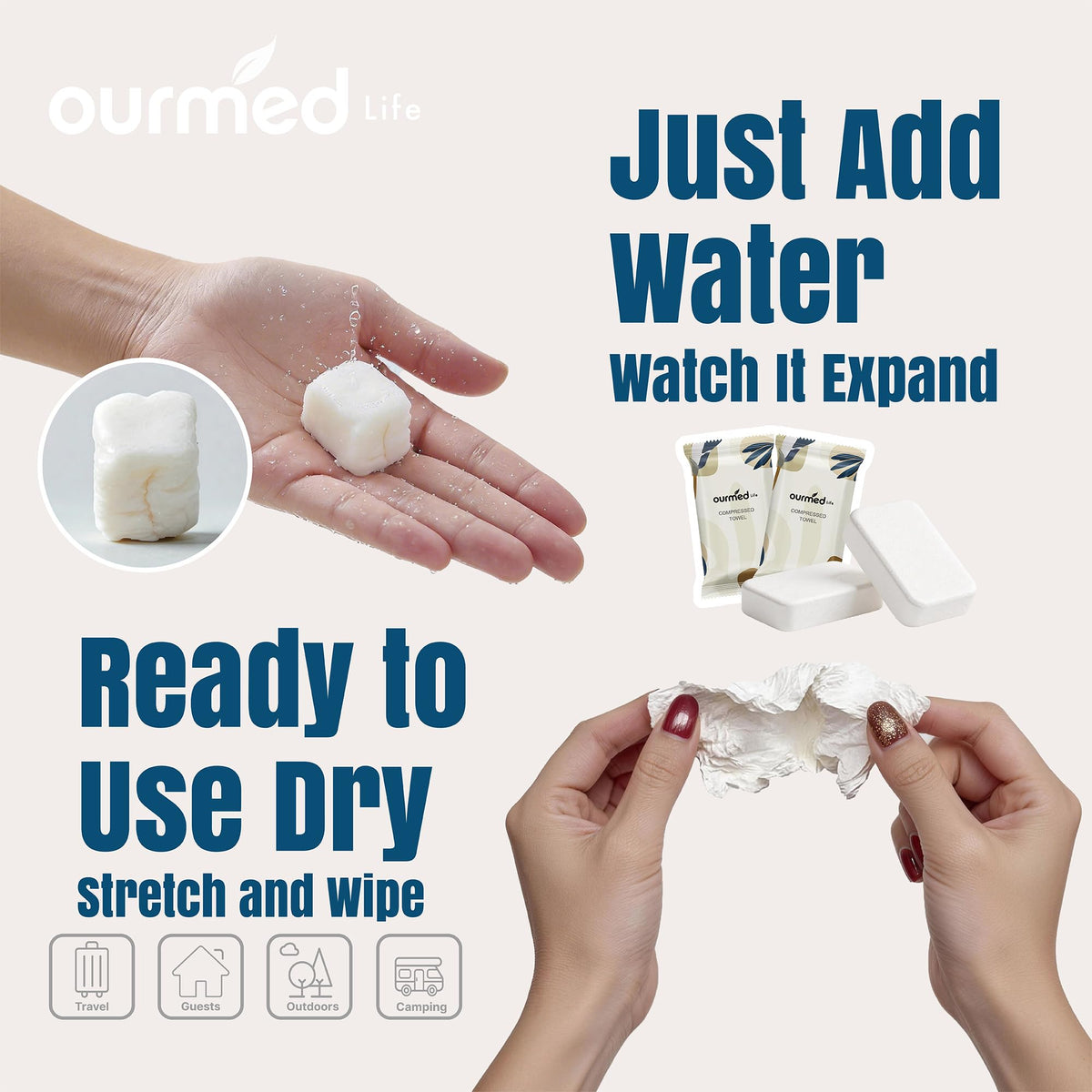 Ourmed Life Compressed Towel, Disposable Washcloths, 12 x 10 Inch, 56 Count ourmed life