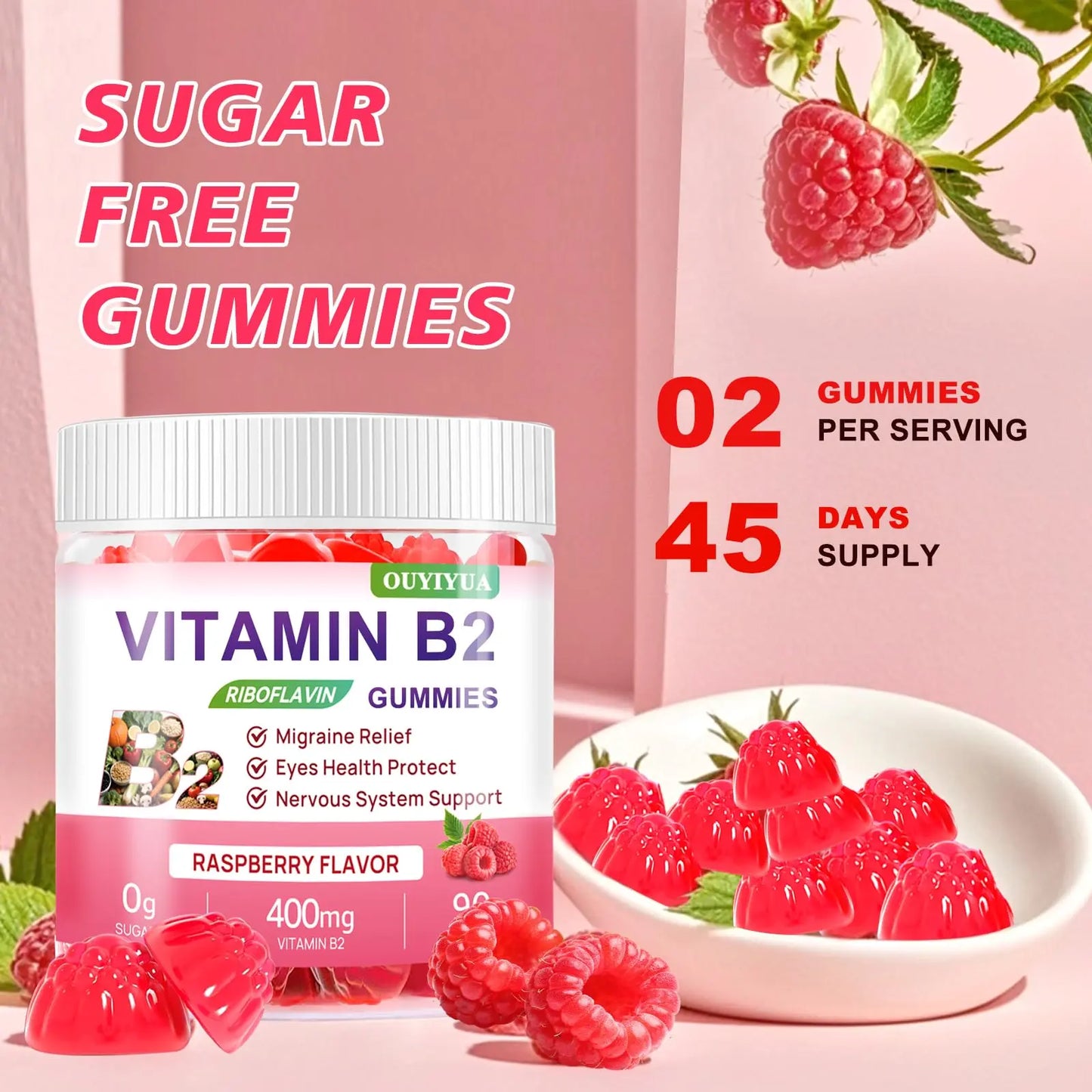 Vitamin B2 Gummies Riboflavin 400mg Supplement with Magnesium for Kids & Adults B2 Gummies for Migraine Relief, Headache Relief & Nervous System Support OUYIYUA