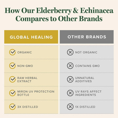 Global Healing USDA Organic Elderberry & Echinacea Liquid Supplement Tincture | Antioxidant Immune Support Against Harmful Organisms for Adults and Kids, Vegan, Non-GMO, 1-Month Supply (2 Oz)