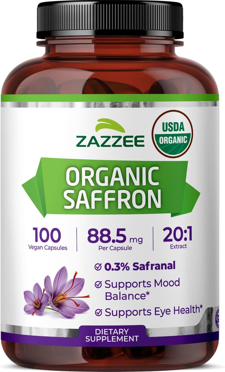 Zazzee USDA Organic Saffron 20:1 Extract, 88.5 mg, 0.3% Safranal, Vegan | 100 Capsules, 3+ Month Supply, Concentrated and Standardized 20X Extract, Non-GMO, All-Natural, Made in the USA Gsupps Australia