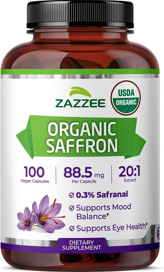 Zazzee USDA Organic Saffron 20:1 Extract, 88.5 mg, 0.3% Safranal, Vegan | 100 Capsules, 3+ Month Supply, Concentrated and Standardized 20X Extract, Non-GMO, All-Natural, Made in the USA Gsupps Australia