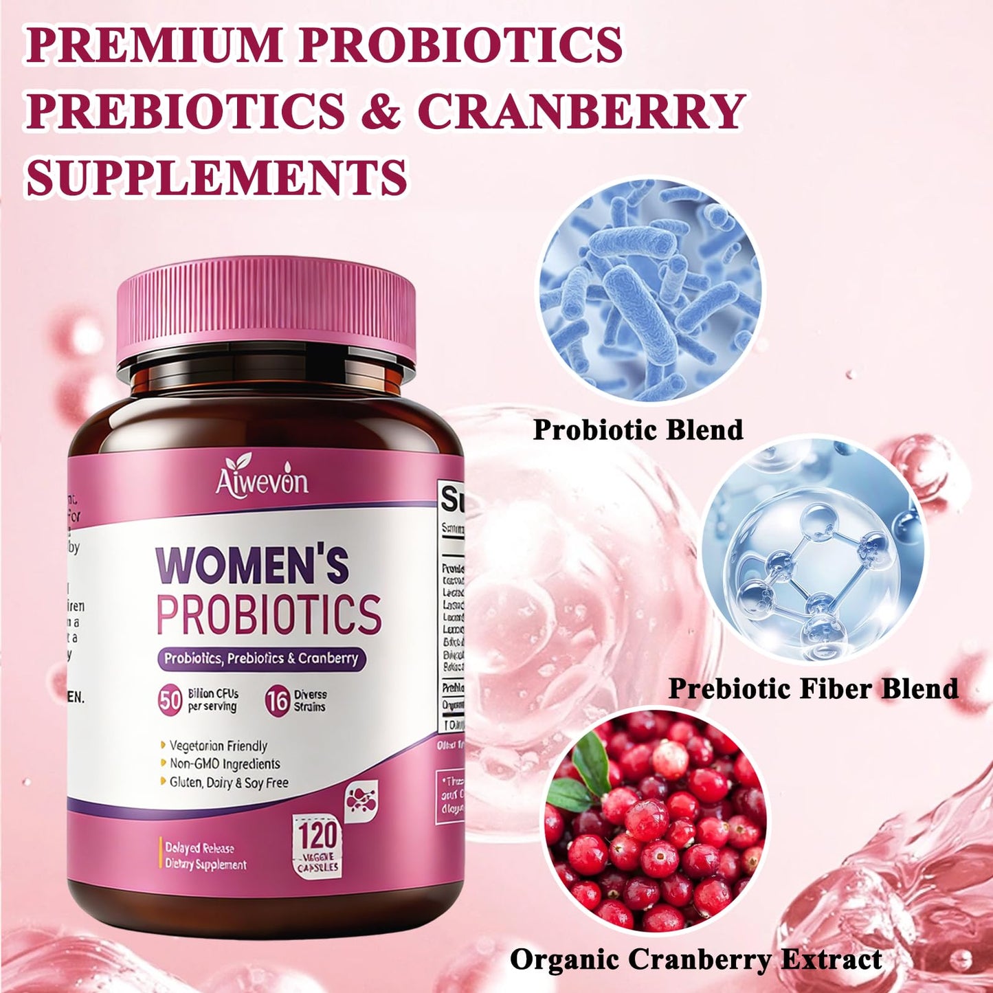 Women Probiotics 50 Billion CFU: Probiotics for Women with Prebiotics & Cranberry, 16 Strain Probiotic Supplement for Digestive Gut Health, Vaginal & Urinary Tract Support Aiwevon
