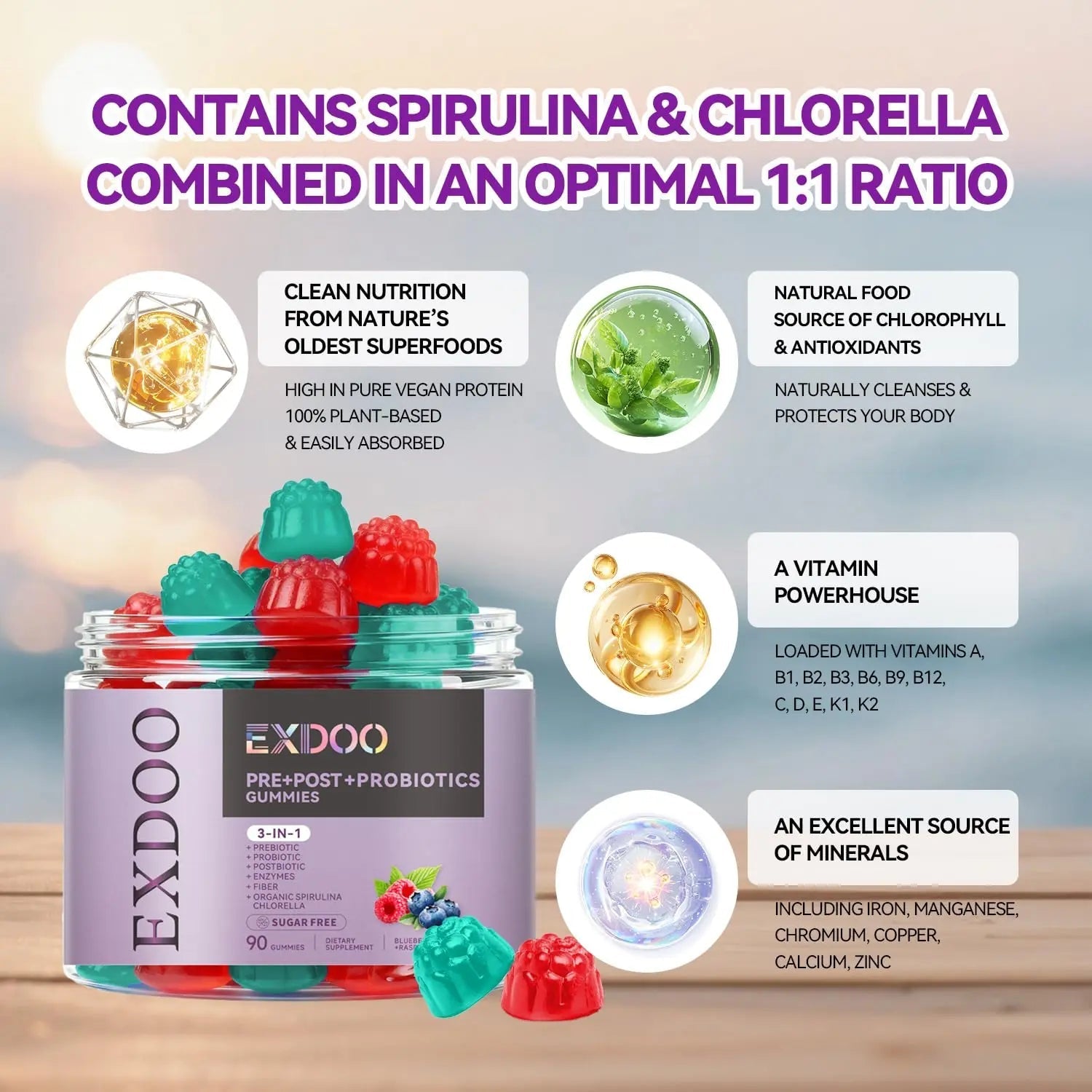 exdoo 3-in-1 Probiotic Gummies Prebiotic+Probiotic+Postbiotic with Organic Spirulina Chlorella Immune Gut & Digestive Support 90 Count exdoo buy australia supplements