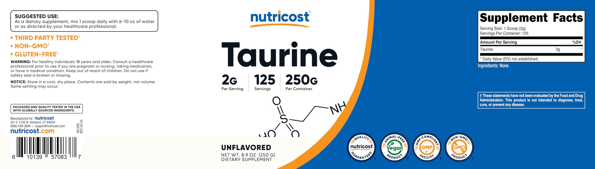 Nutricost Taurine Powder 250 Grams - 125 Servings, 2000mg Per Serving Nutricost buy australia supplements