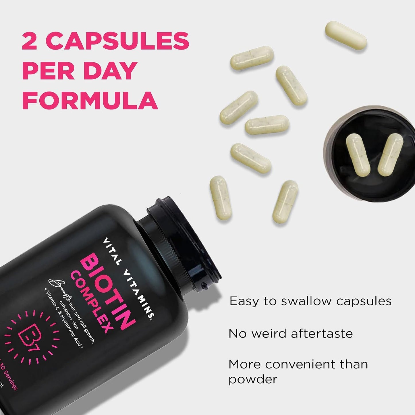 Vital Vitamins Biotin Complex with Collagen & Hyaluronic Acid | 5,000mcg Biotin, MSM & Vitamin C for Hair, Skin & Nails, Non-GMO, For Women & Men, 60 Capsules check Gsupps Australia