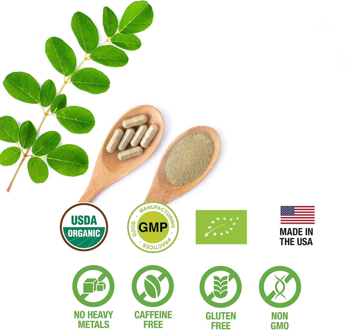 SUPREME HERBALS, 100% Raw and Pure Moringa Leaf Powder Capsules. Organic Certified Moringa Leaf. Natural Superfood with Essential Amino Acids SUPREME HERBALS