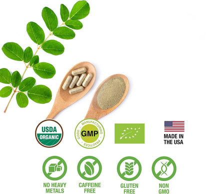 SUPREME HERBALS, 100% Raw and Pure Moringa Leaf Powder Capsules. Organic Certified Moringa Leaf. Natural Superfood with Essential Amino Acids SUPREME HERBALS