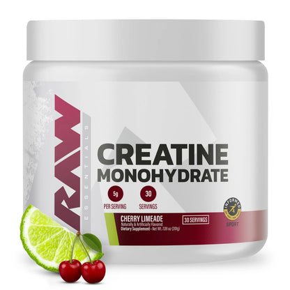 RAW Nutrition Creatine Monohydrate Powder, Cherry Limeade (30 Servings) - Micronized Creatine Monohydrate Supplement for Workout Performance, Build Muscle & Strength RAW