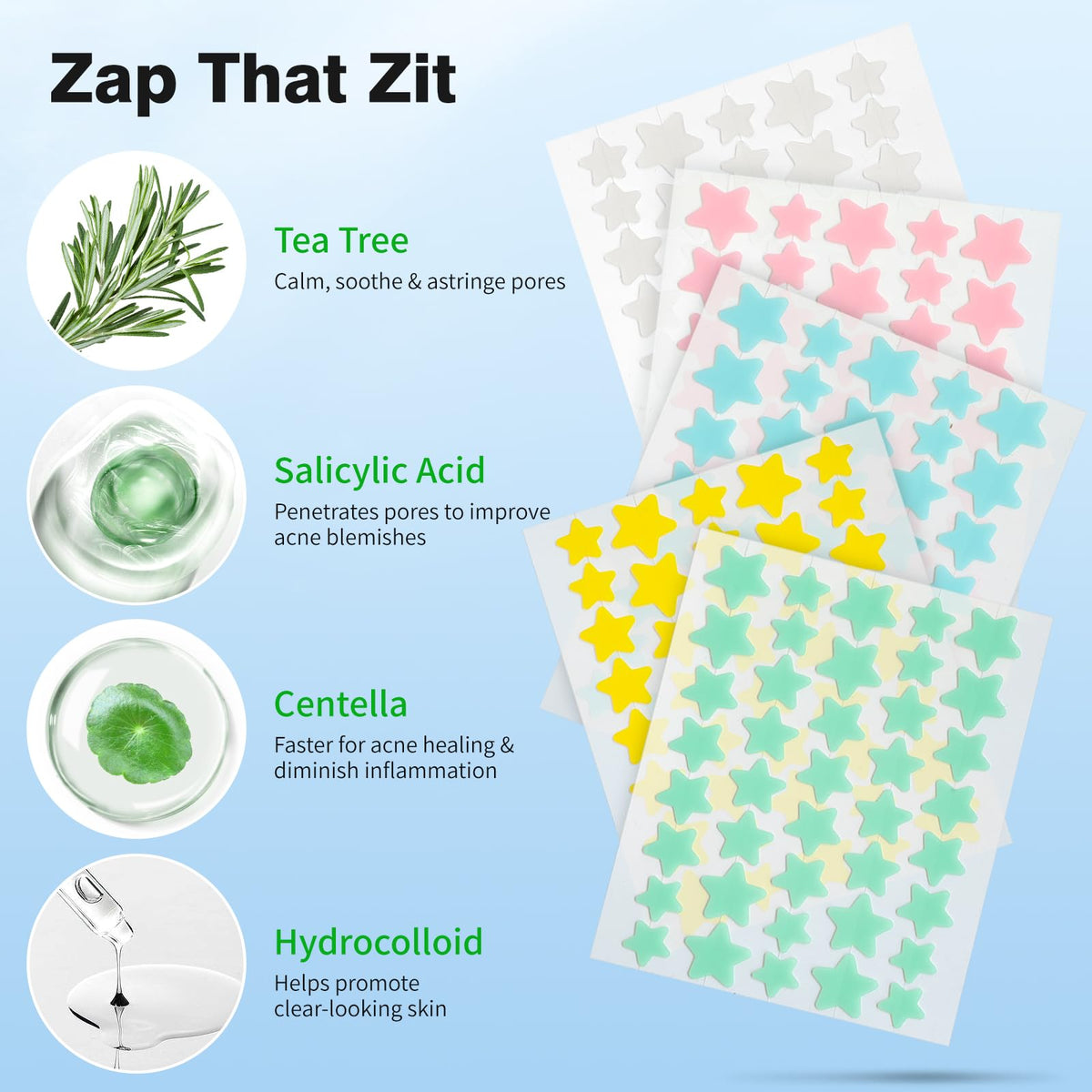 QUSTERE Pimple Patches for Face, Hydrocolloid Acne Patches, Cute Star Zit Covers, Colorful Spot Stickers with Tea Tree, Salicylic Acid & Cica Oil| 3 Sizes (10mm, 12mm & 14mm) |200 Count QUSTERE