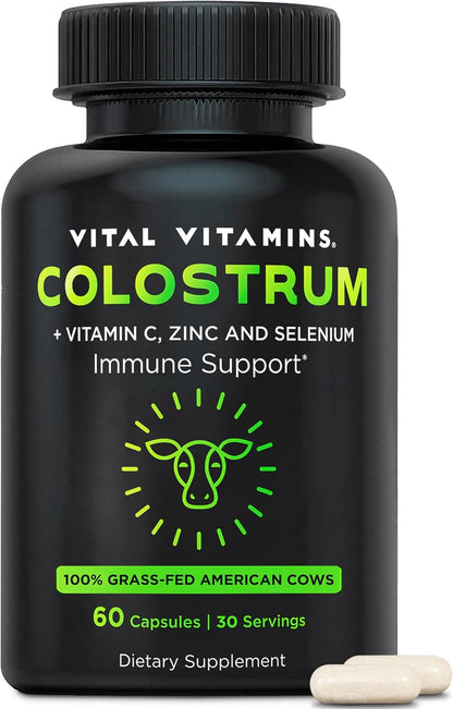 Vital Vitamins Colostrum Supplement, 30% IgG, Grass-Fed Bovine, 60 Capsules | Supports Immune Defense & Gut Health, Colostrum with Vitamin C, Zinc, & Selenium, Non-GMO Gsupps Australia