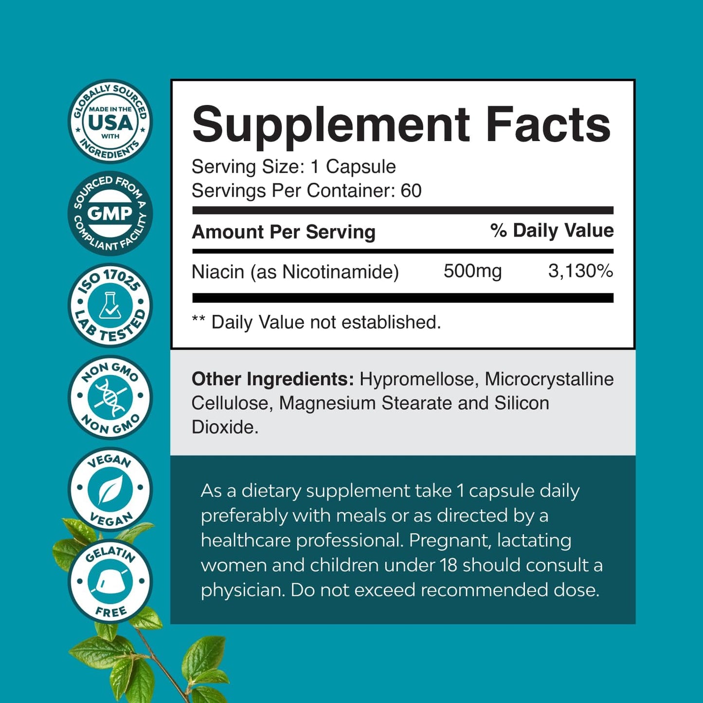 Vitamin B3 Niacinamide 500mg Capsules - Mitochondrial Energy and Potent Skin Supplement - Vitamin B3 Niacin Flush Free and Nicotinamide 500mg - Flush Free Niacin Supplement - 60 Count Gsupps Australia