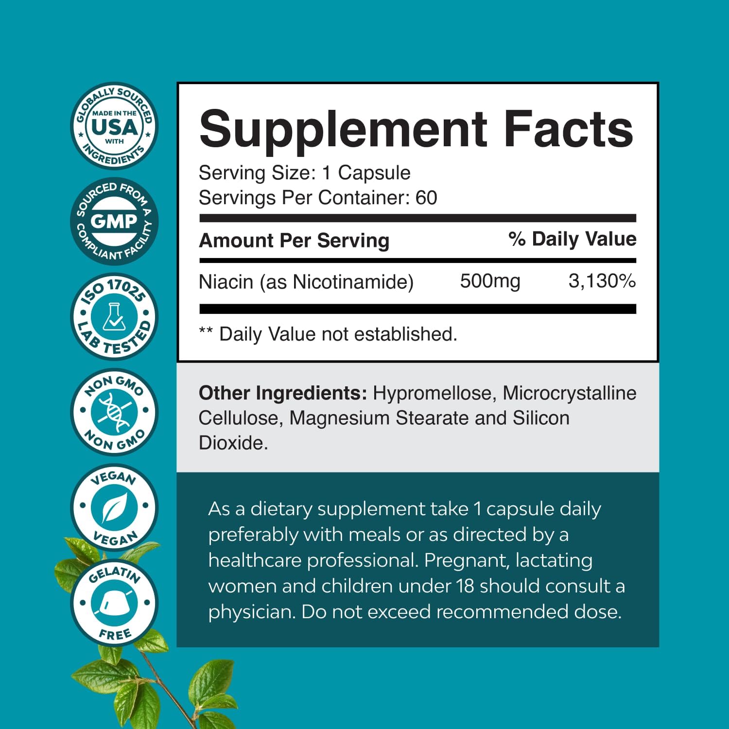 Vitamin B3 Niacinamide 500mg Capsules - Mitochondrial Energy and Potent Skin Supplement - Vitamin B3 Niacin Flush Free and Nicotinamide 500mg - Flush Free Niacin Supplement - 60 Count Gsupps Australia