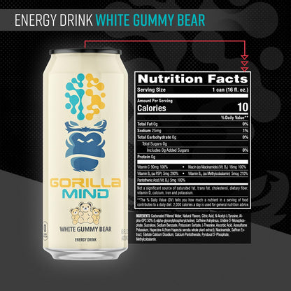 Gorilla Mind Energy Drink | Unmatched Energy · Amplified Focus | N-Acetyl-L-Tyrosine, Alpha-GPC, 200mg Caffeine, Uridine, Saffron | 0 Sugar Or Artificial Colors | 16oz, 12-Pack (Black Cherry Vanilla)
