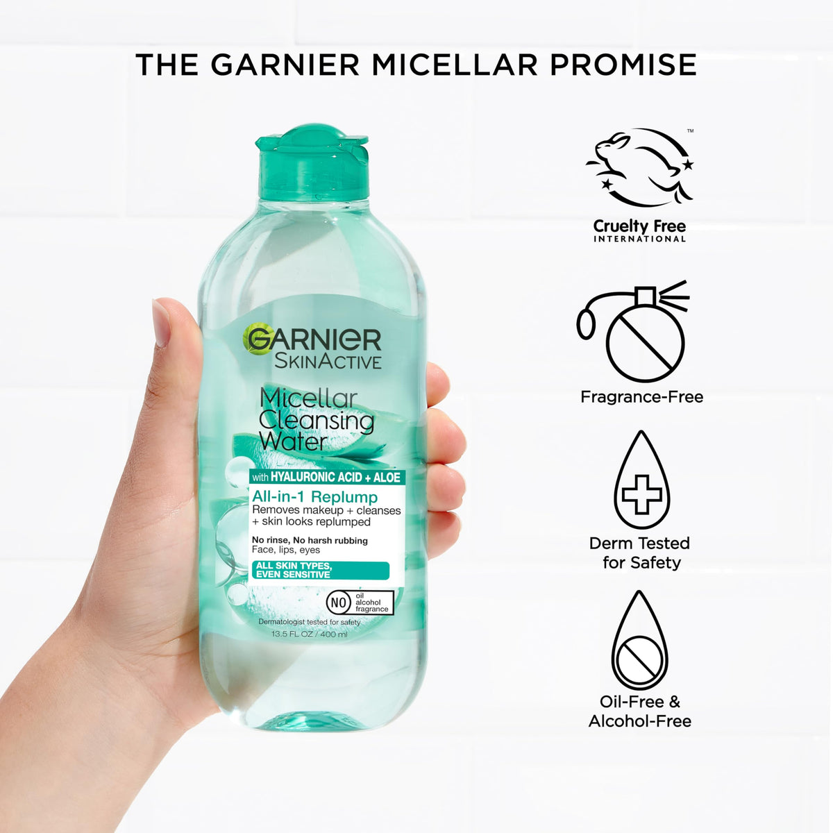 Garnier Micellar Water with Hyaluronic Acid, Facial Cleanser & Makeup Remover, Hydrating and Plumping, For All Skin Types, Vegan, Cruelty Free, 13.5 Fl Oz (400mL), 1 Count Garnier