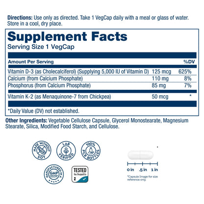 SOLARAY Vitamin D3 K2 - Bone Health and Immune Support Supplement - With 5000 IU Vitamin D as Vit D3 and 50 mcg Vitamin K2 as Menoquinone MK7, Made Without Soy SOLARAY