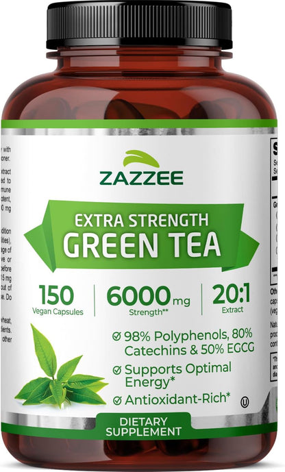 Zazzee Extra Strength Green Tea 20:1 Extract, 50% EGCG, 150 Vegan Capsules | 98% Polyphenols, 80% Catechins, 5 Month Supply, Certified Kosher, Antioxidant & Metabolism Support, Non-GMO, Made in the USA Gsupps Australia