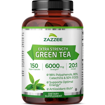 Zazzee Extra Strength Green Tea 20:1 Extract, 50% EGCG, 98% Polyphenols, 80% Catechins, 150 Vegan Capsules, 5 Month Supply, Certified Kosher Zazzee