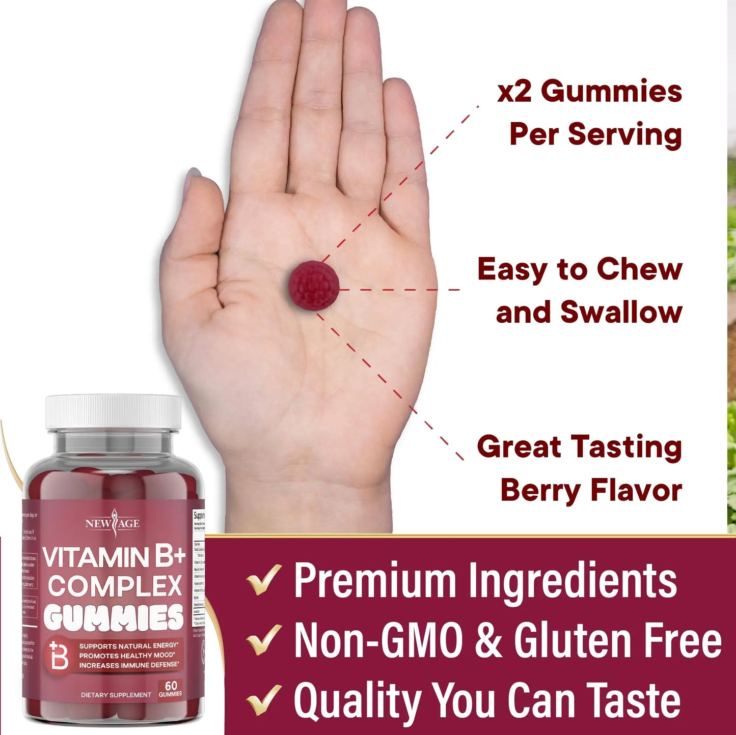 NEW AGE Vitamin B Complex Gummies with Vitamin B3, B6, & B12 – with Biotin, Folic Acid & Vitamin C – Gluten-Free, Vegan NEW AGE