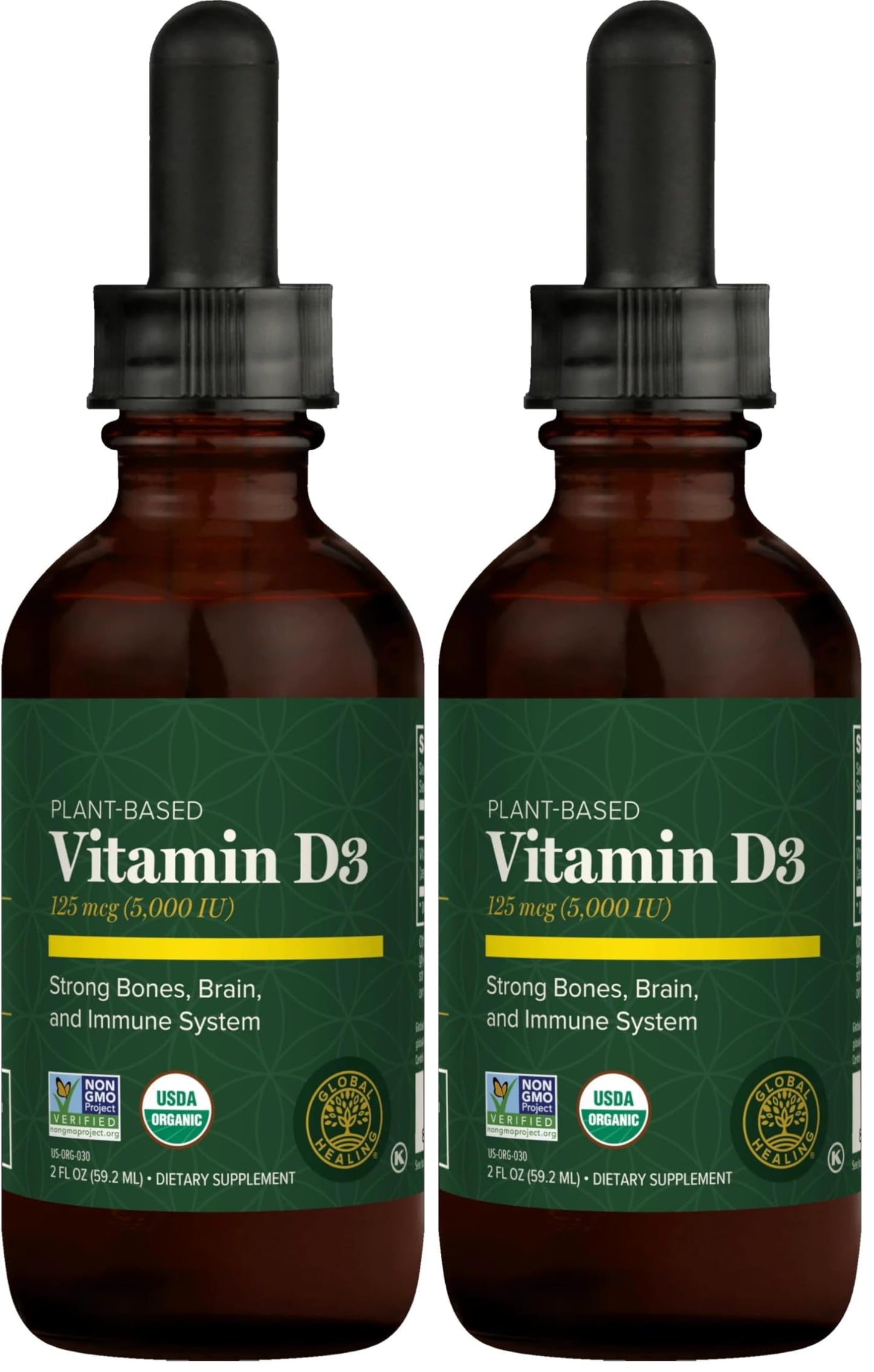 Global Healing Organic Vitamin D3 5000 IU Supplement - Vegan Vitamin D Supplements for Immune Health & Strong Bones Support - Pure D3 Vitamin 5000 IU Ingredients, VIT D3-2 Fl Oz