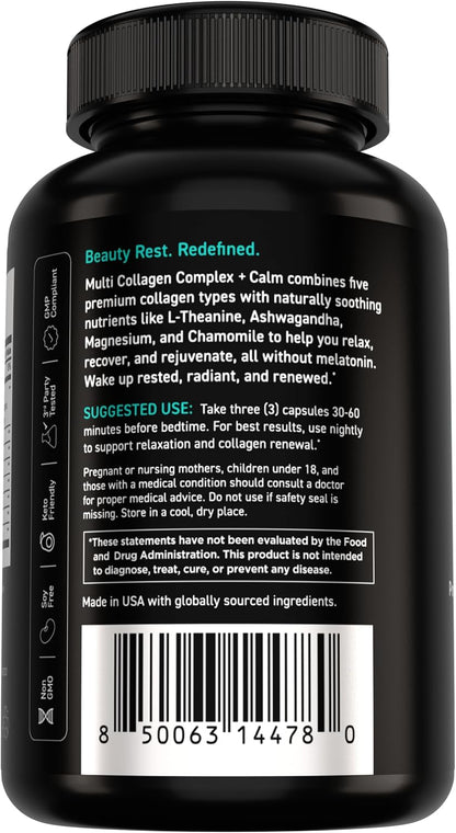 Vital Vitamins Multi Collagen Complex + Calm with Ashwagandha, 90 Capsules | Melatonin-Free Relaxation, 5 Collagen Types I, II, III, V & X with L-Theanine, Ashwagandha, GABA & Magnesium Glycinate Gsupps Australia