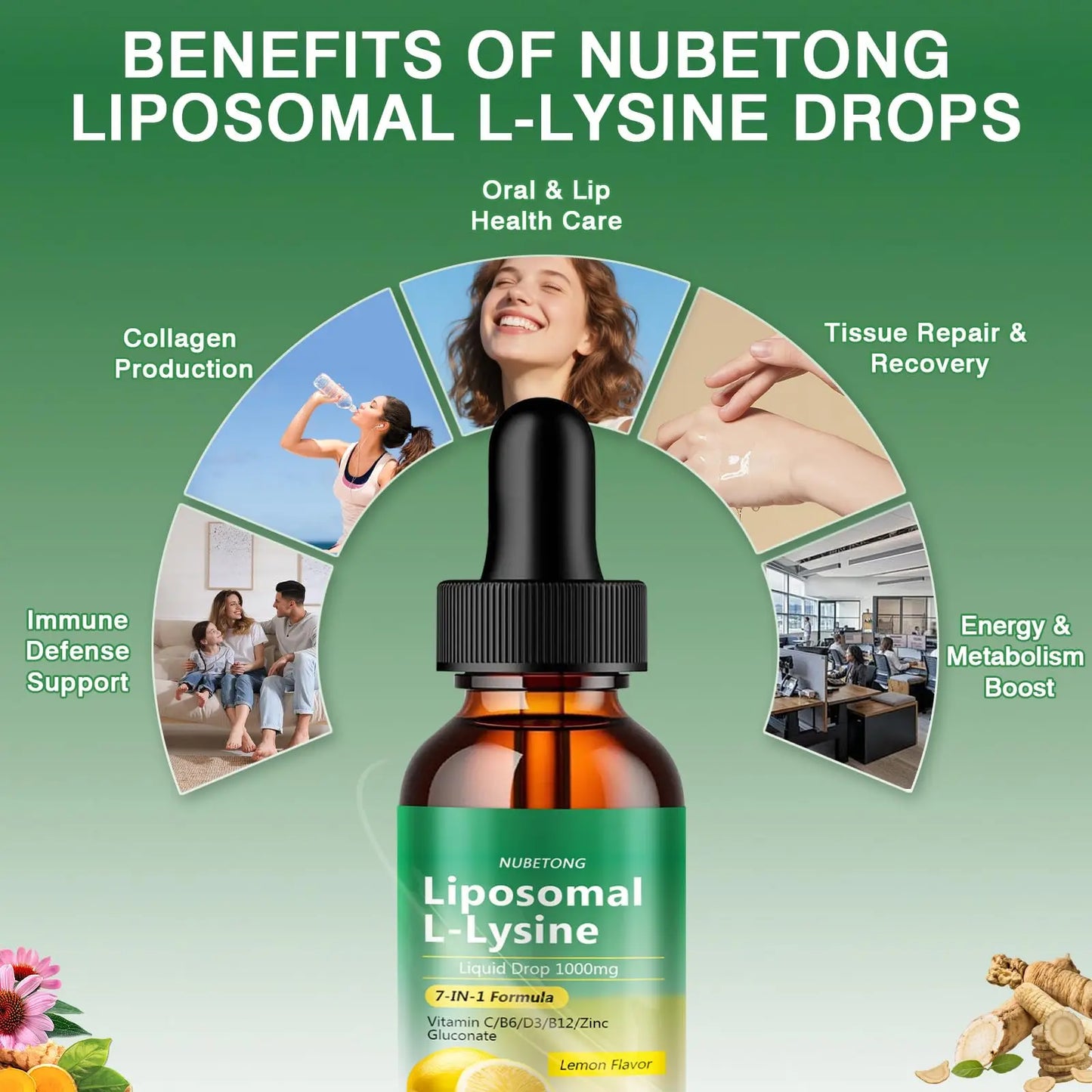Liposomal L-Lysine 1000mg Liquid Drops, 7-in-1 Lysine Supplement for Adults with Vitamin C/B6/D3/B12 & Zinc Gluconate, Immune Support, Collagen Synthesis & Skin Lip Health, Lemon Flavor, 2 Fl Oz Nubetong