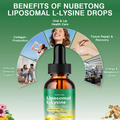 Liposomal L-Lysine 1000mg Liquid Drops, 7-in-1 Lysine Supplement for Adults with Vitamin C/B6/D3/B12 & Zinc Gluconate, Immune Support, Collagen Synthesis & Skin Lip Health, Lemon Flavor, 2 Fl Oz Nubetong