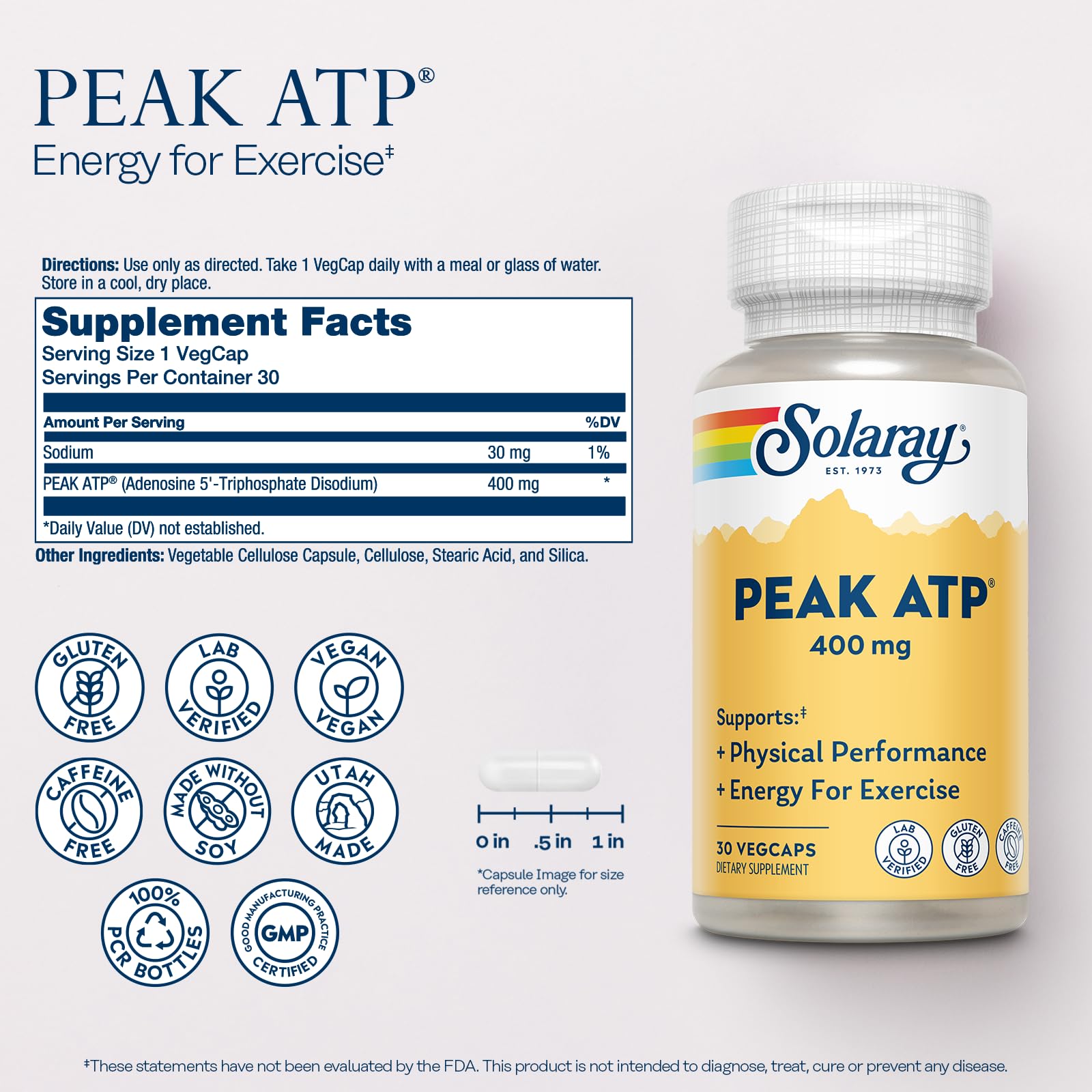 SOLARAY Peak ATP 400 mg - Physical Performance and Exercise Energy Supplements - Stim Free Pre Workout Pills - No Caffeine or Gluten - Lab Verified - 60-Day Guarantee - 30 Servings, 30 VegCaps SOLARAY buy australia supplements