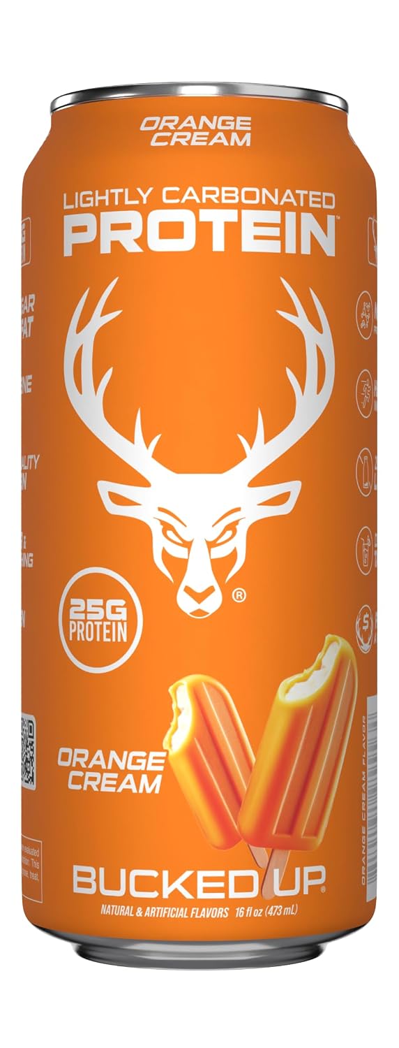 Bucked Up Lightly Carbonated Protein Soda | 25g Whey Isolate - Zero Sugar, Low Calorie, Caffeine Free, Clean Drink | Sparkling Protein Soda - 12 Pack, 16 oz Cans (Orange Cream)
