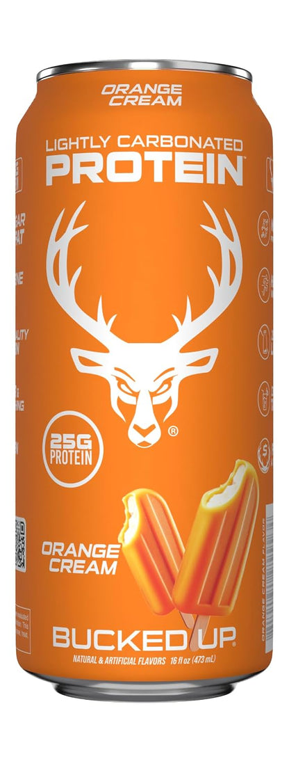 Bucked Up Lightly Carbonated Protein Soda | 25g Whey Isolate - Zero Sugar, Low Calorie, Caffeine Free, Clean Drink | Sparkling Protein Soda - 12 Pack, 16 oz Cans (Orange Cream)