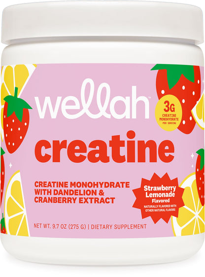 Wellah Creatine for Women - Creatine Monohydrate with Dandelion & Cranberry Extract (50 Servings, Strawberry Lemonade) Wellah