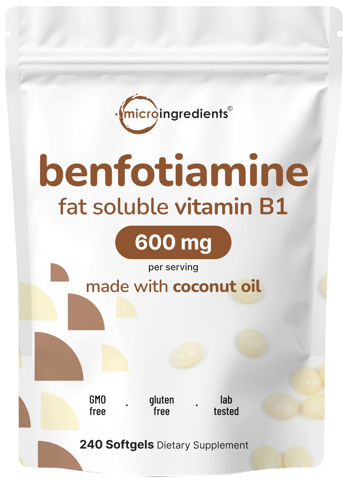 Vitamin B1 Benfotiamine 600mg Per Serving, 240 Coconut Oil Softgels | Bioavailable B Vitamins Supplement, Converted to Active Thiamine | Non-GMO, Soy Free Micro Ingredients