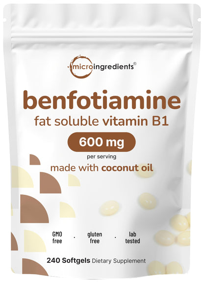 Vitamin B1 Benfotiamine 600mg Per Serving, 240 Coconut Oil Softgels | Bioavailable B Vitamins Supplement, Converted to Active Thiamine | Non-GMO, Soy Free Micro Ingredients