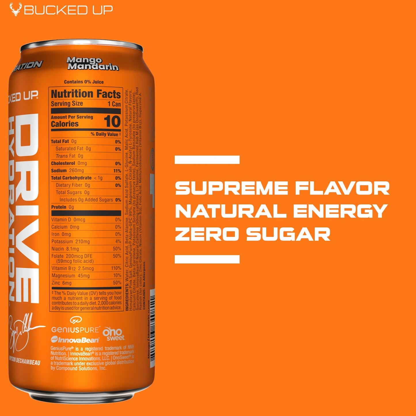 Bucked Up Drive Hydration and Energy | Zero Sugar Electrolyte Drink with GeniusPure Alpha-GPC & 50mg Natural Caffeine | No Artificial Colors | Performance Hydration Beverage | 12 Pack, 16 fl oz Cans | (Mango Mandarin)
