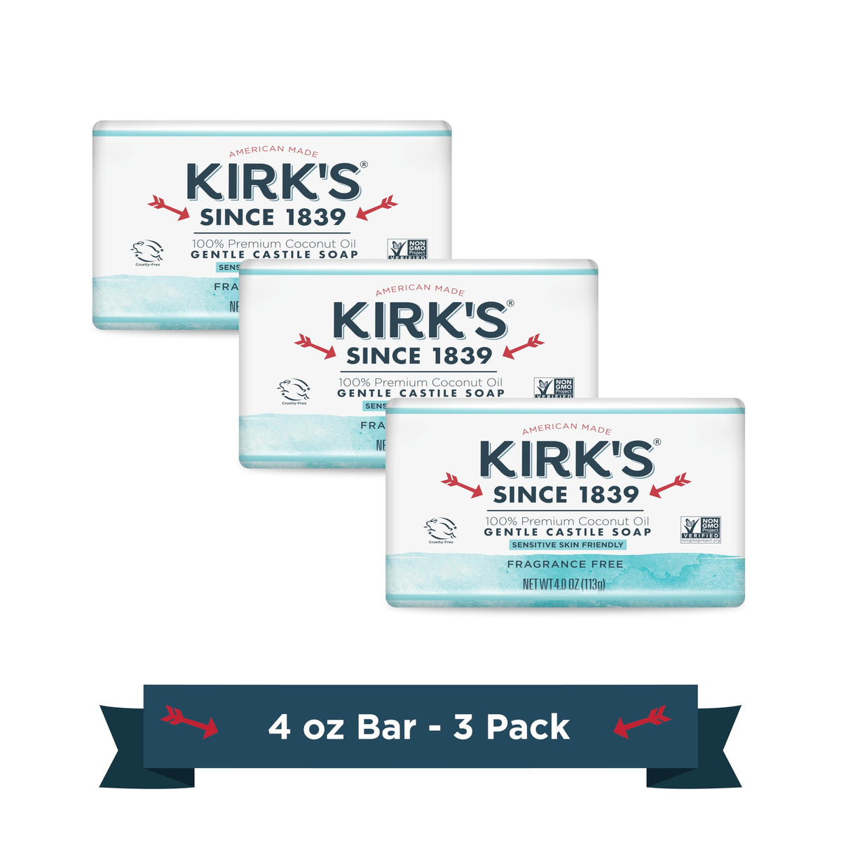 Kirk's Fragrance Free Castile Bar Soap (Pack of 3) Kirk's