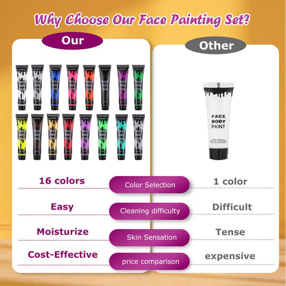 16 Colors Face Body Paint, 10.8 Oz Water Based Painting Set For Adults Vetuslumen