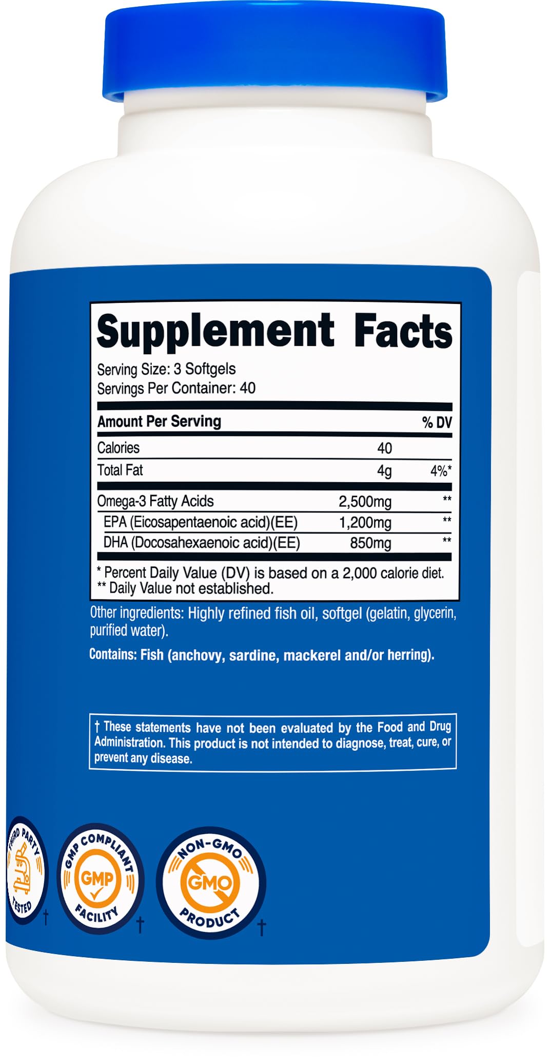 Nutricost Omega 3 Fish Oil - 2500MG, 120 Softgels (40 Serv) - Fish Oil, Wild Caught! 1200mg EPA 850mg DHA Nutricost