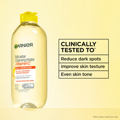 Garnier Micellar Water with Vitamin C, Facial Cleanser & Makeup Remover, Brightening & Hydrating, For All Skin Types, Vegan, Cruelty Free, 13.5 Fl Oz (400mL), 1 Count Garnier