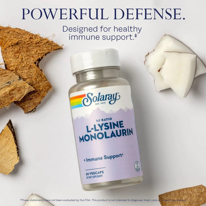 SOLARAY L-Lysine Monolaurin Immune Support Supplement, 1:1 Ratio for Immune System Function, 500 mg Each, 60-Day Money Back Guarantee SOLARAY