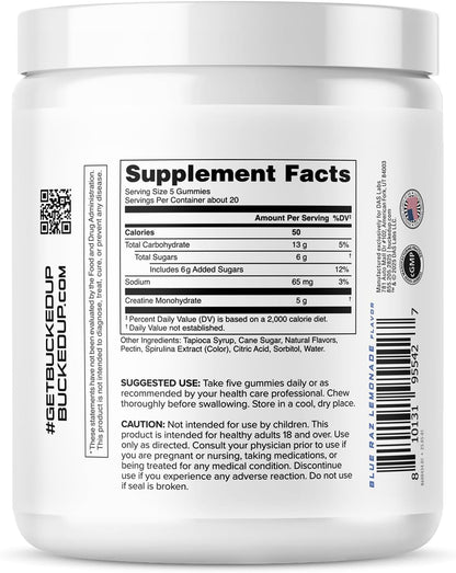 Bucked Up Creatine Gummy Bucks Blue Blast | 5g Creatine Monohydrate per Serving | Non GMO Gluten Free Vegan Creatine Gummies | Chewable Creatine Supplement (20 Servings)